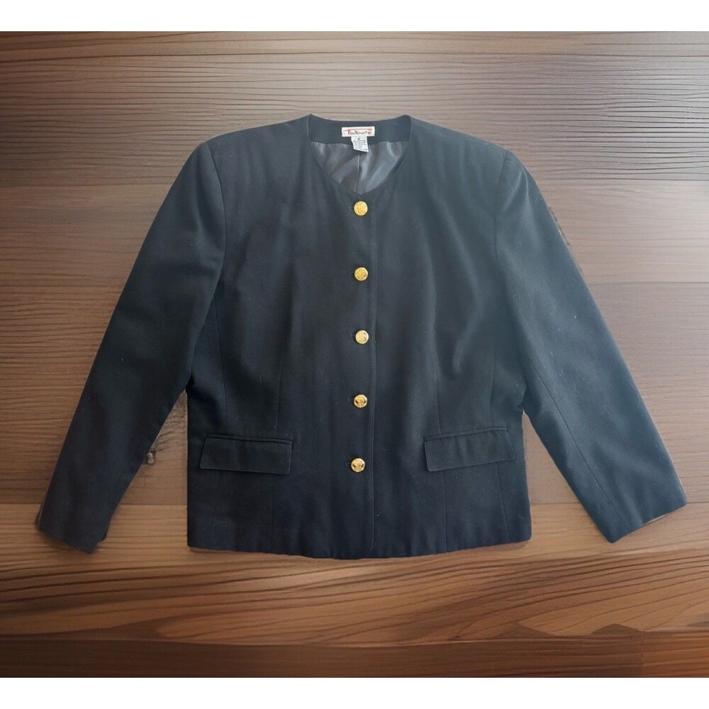 Talbots Black 100% Wool Suit Jacket Blazer Women's Size 16 Gold Buttons Vintage
